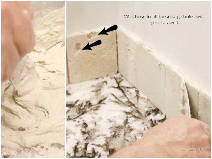 How to apply grout to tiles for a backsplash.  The first image shows the grout being mixed with water the second one shows the grout being applied over the time in a smooth surface.  