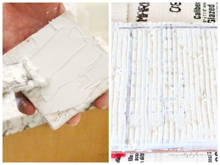 How to add tile adhesive to the back of a tile.  The first image shows the first step, the second image shows what it looks like after using a V- groove trowel to remove excess adhesive.