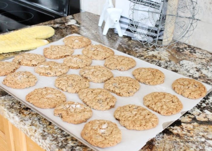 Fresh baked homemade oatmeal raisin cookies from scratch.