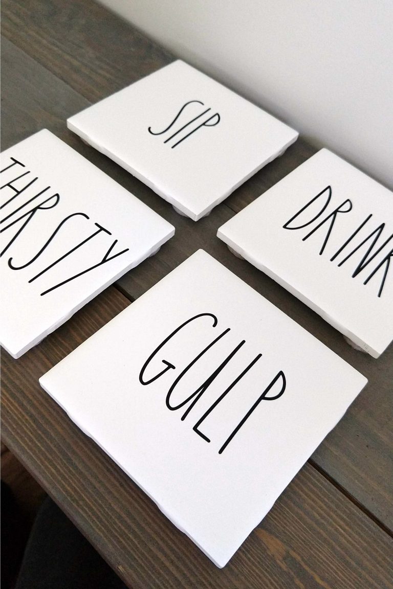 DIY Rae Dunn inspired coffee coasters that say Sip, thirsty, gulp and drink. Fun and unique in white wood with black lettering.