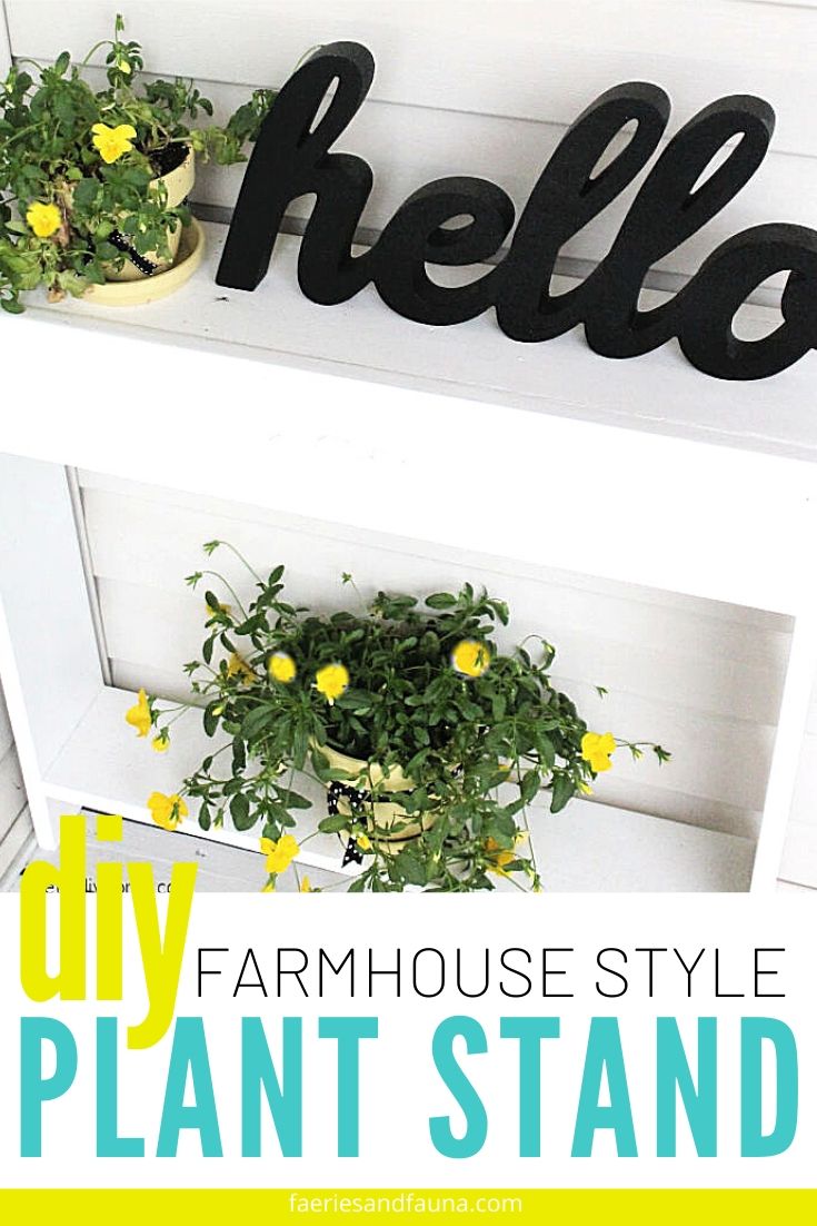 A DIY farmhouse style plant stand in white, with yellow pansies in yellow pots.