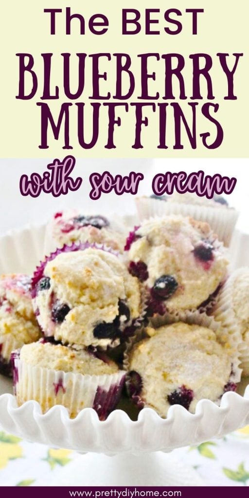 A bowl filled with blueberry muffins.  The caption says The best blueberry muffins with sour cream.