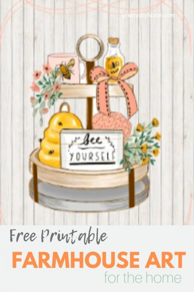 A pretty tiered tray free farmhouse printable with a Bee theme, in soft peaches and cream colours.