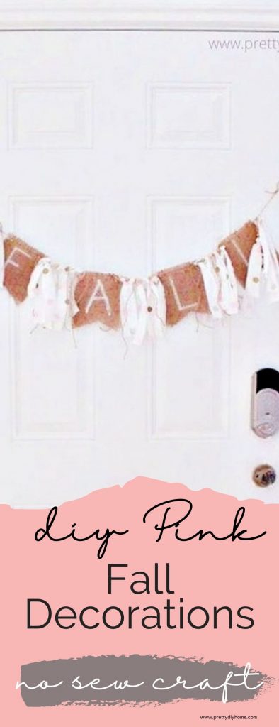Pink Fall decorations for the front door, including how to make a pink polka dot rag banner with burlap, and add pink pumpkins and mums