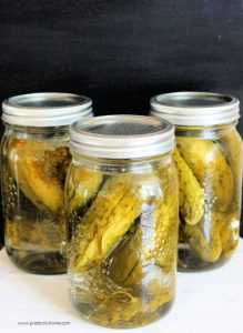 Three quart jars of canned homemade dill pickles.