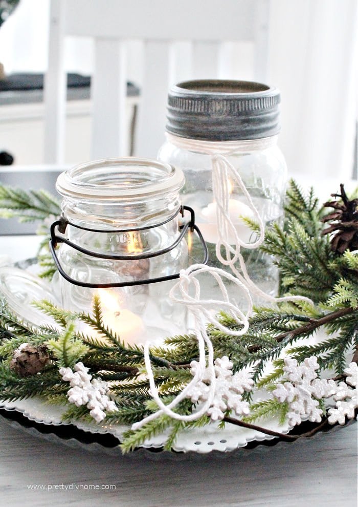 Inexpensive farmhouse DIY mason jar Christmas centerpiece