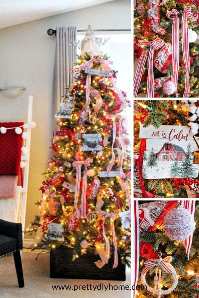 Red and White Farmhouse Christmas tree with lots of ribbon.
