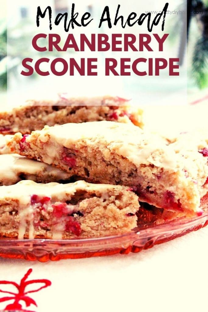 Moist easy to make cranberry scones with a vanilla glaze. Scones are on a pretty pink plate for Christmas morning breakfast.