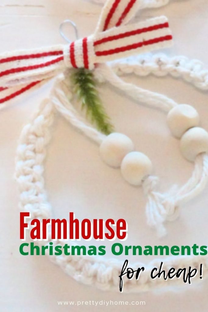 Macrame mini wreath ornament for the Christmas tree using white cord, grainsack ribbon and wooden beads.