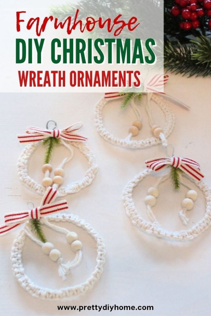 Farmhouse style DIY Christmas tree ornament with white wool, grain sack ribbon and small wooden beads.