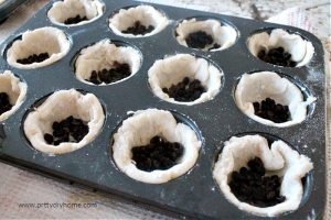 Filling a tray of a dozen tart tins with currants for making butter tarts.