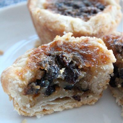 the best butter tarts ever, cut open with a flakey crust and filled with currants.