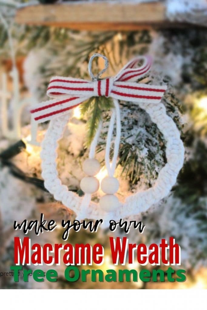 Mini wreath Christmas ornaments in a farmhouse style with small wooden beads.