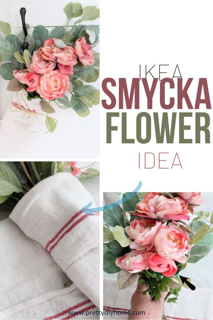 IKEA Smycka flowers arranged and hung inside a pretty farmhouse wrapper with a twine bow.
