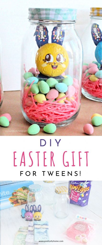 An Easter mason jar filled with chocolate Easter eggs, edible Easter grass and a chocolate Easter bunny in layers. There is a cash gift hidden inside.