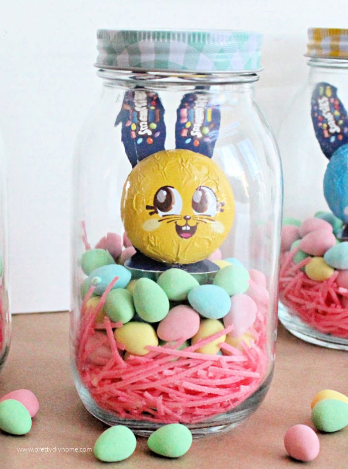 Easter bunny mason jars are a cute, DIY Easter decor idea.