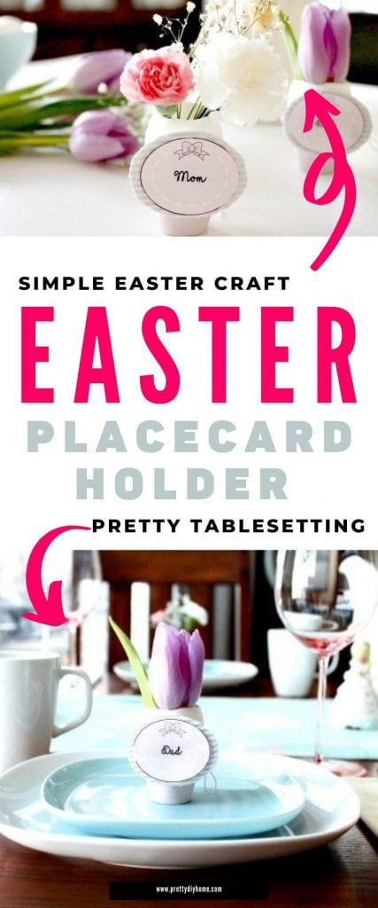 An Easter Tablescape place holder with a blush painted miniature clay pot holds a real Easter Egg cut open to act like a vase for flowers.