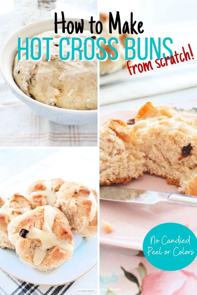 A collage containing some of the steps how to make hot cross buns from scratch. One picture shows the dough rising, another shows icing, and the last one shows a plate of hot cross buns.