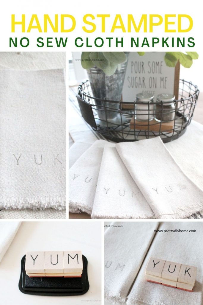 A collage of four images showing how to make DIY no sew hand stamped cloth napkins. One shows the fabric being stamped, another shows placing ink on the letter stamps, and a final picture showing the hand stamped napkins in a cottage style centerpiece for the table.