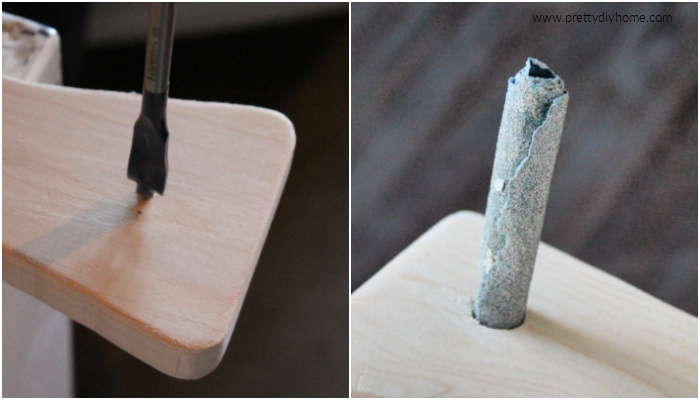 A collage showing drilling and then sanding a hole in the handle of a homemade charcuterie board idea.