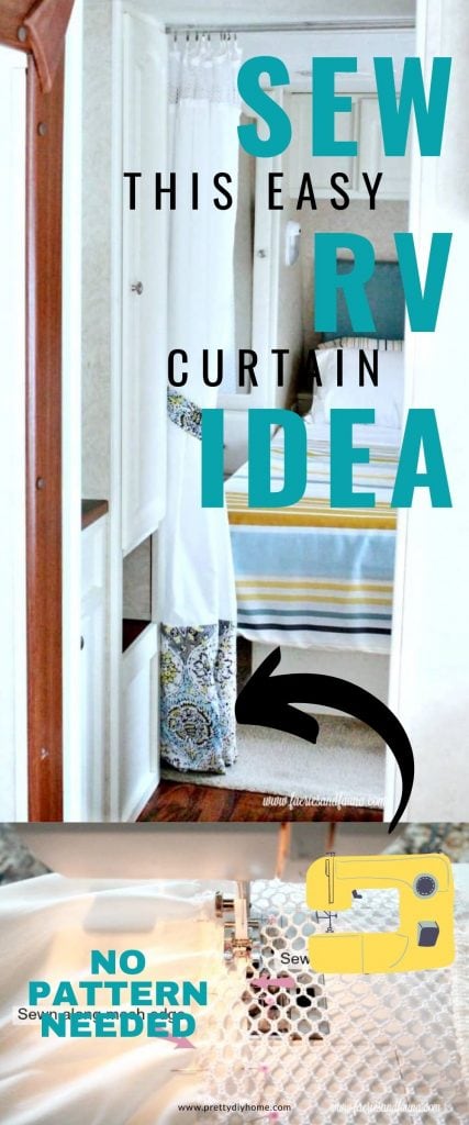 A RV travel trailer bedroom updated with new easy to sew RV curtains, with white and blue floral fabric.