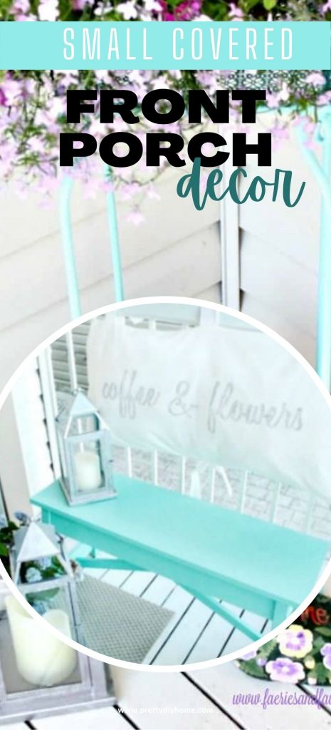 An aqua DIY wooden bench with a pretty handemade cushion back that says coffee and flowers. The setting is surrounded with summer flower pots, lots of flowers and baskets.