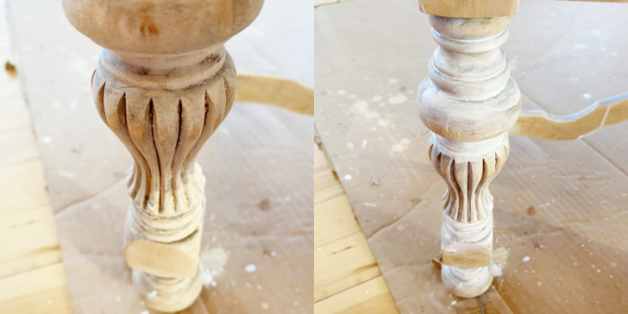 before and after of a white washed table leg