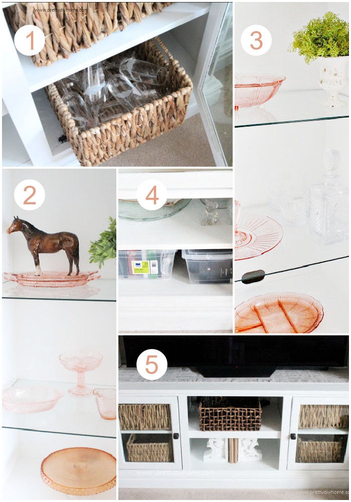 Different ways to store items and hide items in an entertainment center, including colour coordination, matching baskets and plastic containers behind closed doors.