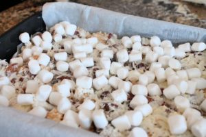 Miniature marshmallows scattered on a layer of coconut and almonds.