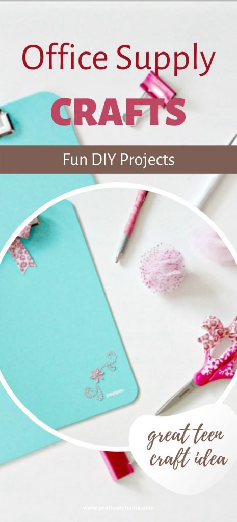 Turquoise, pink and sparl;ing craft supply crafts including alligator clips with pom poms, turquoise blue clipboard with sparkles, and pink pens wrapped in gold sparkly washa tape.