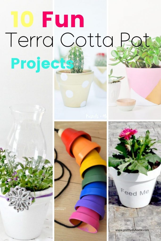 A collage of different terra cotta pin crafts,sp,e are brightly coloured, some with text,