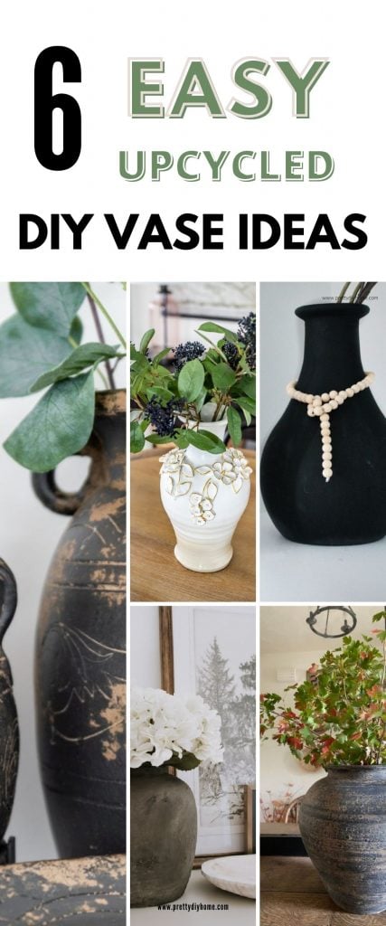 A collection of six vases that have been upcycled into diy faux ceramic vases with lots of texture in pretty earth colours.