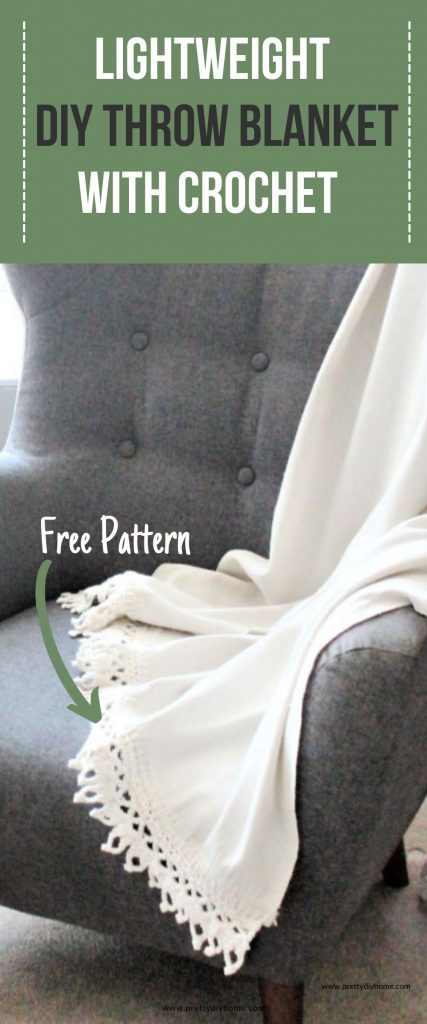 A grey highback livingroom fabric chair with a DIY cotton throw blanket draped over top. The handmade throw blanket is a light cream colour and had cream coloured crochet edges that are large and made with thick cotton wool.