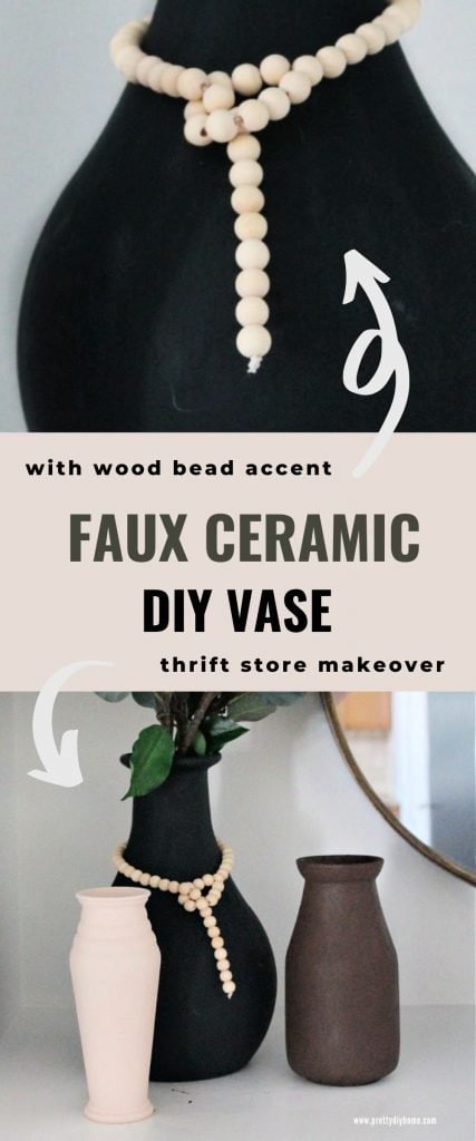 Two images of diy faux ceramic vases, the top one is a close up of a large black vase with diy farmhouse wooden bead string around the neck. The lower image shows three different sized diy faux ceramic vases in an arrangement with green branches and a large round mirror.