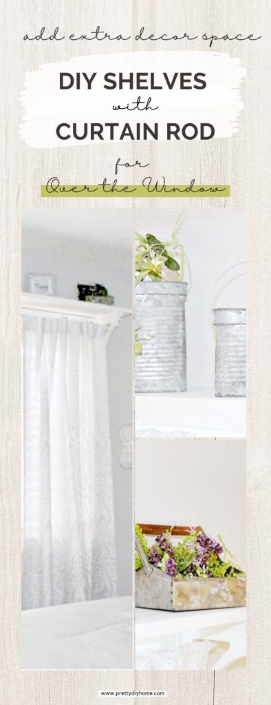 A wooden shelf and curtain rod combo that fits over an existing window, This simple wood diy project is white and it holds grey and white curtain, and assorted farmhouse accessories on the shelf.