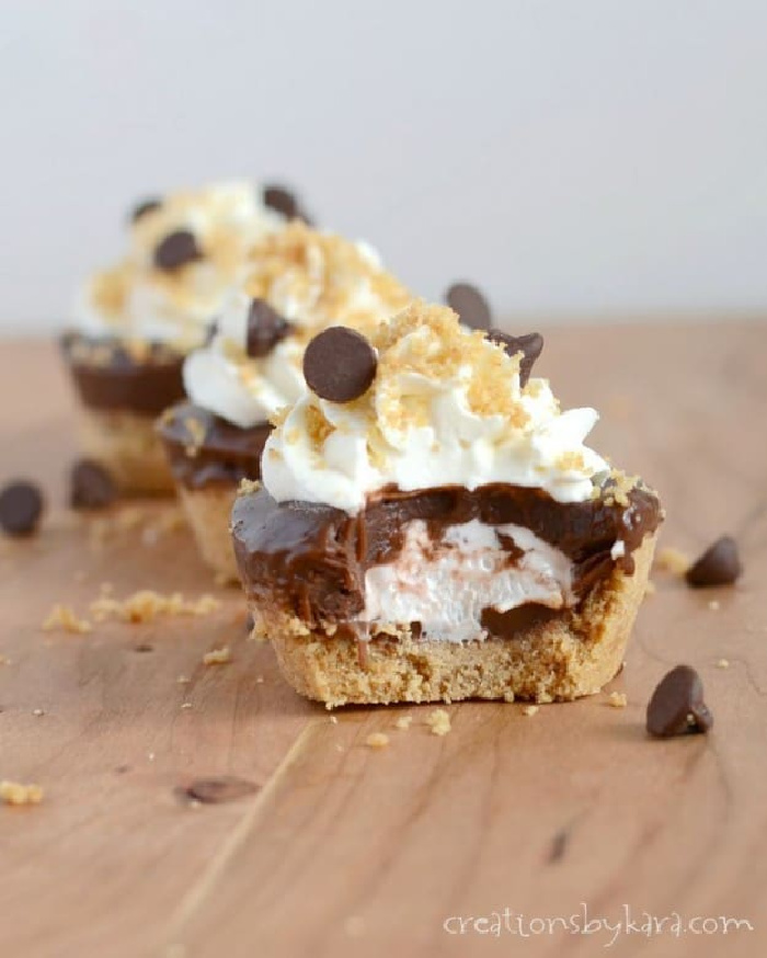 A frozen no bake S'mores tart recipe with a graham cracker crust, marshmallow fluff filling, chocolate, whipping cream and then topped with graham crumbs and chocolate chips.