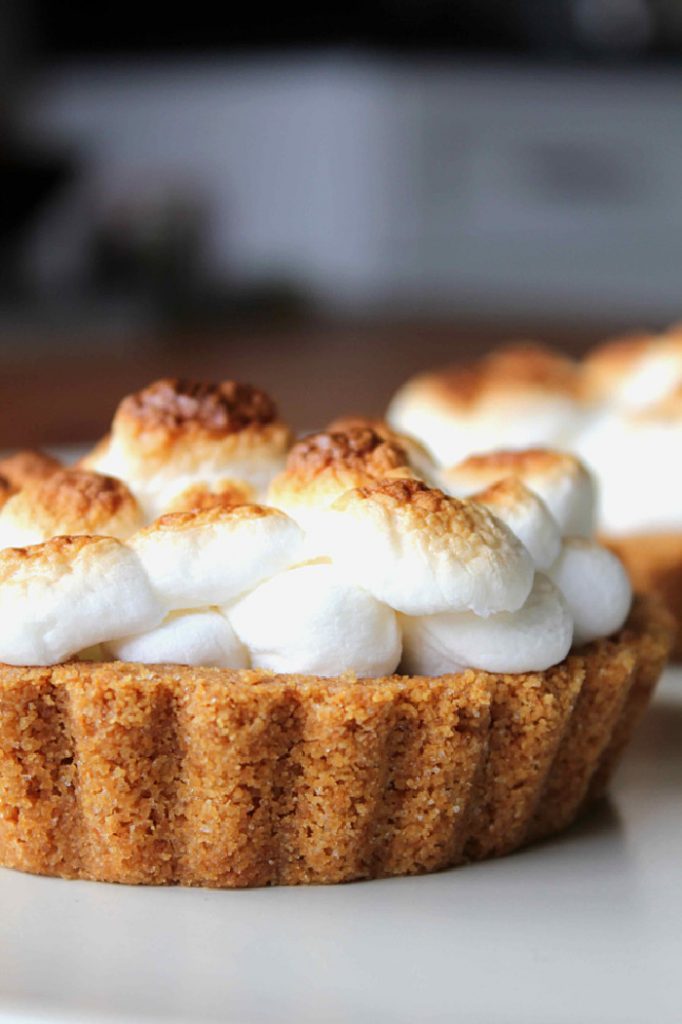 A tray of S'more tartlets with one centered inthe front.  The tartlet has a cookie crust and you cam see layers of just melted mini marshmallow kissed with little bits of graham cracker crumbs.