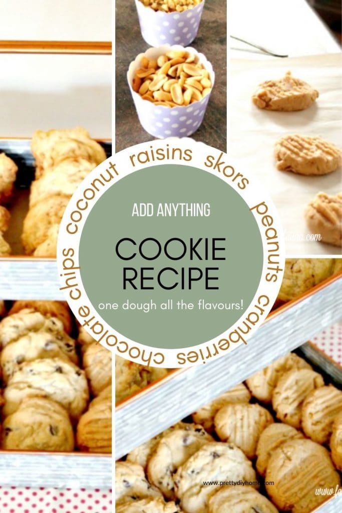 A collage of images showing Add anything cookies, some have peanut butter, or chocolate chips, or raisins, or caramel and pretzel cookies. They are laying in layers in a galvanized double layered tray for serving.