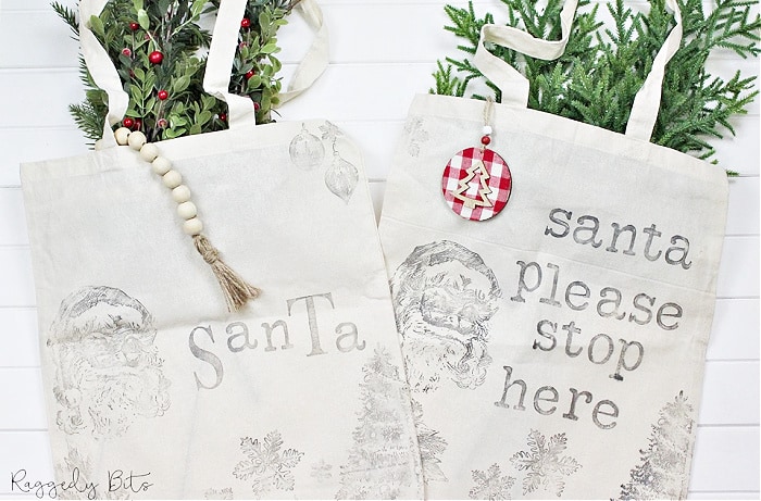 two hand stamped Christmas Santa Bags