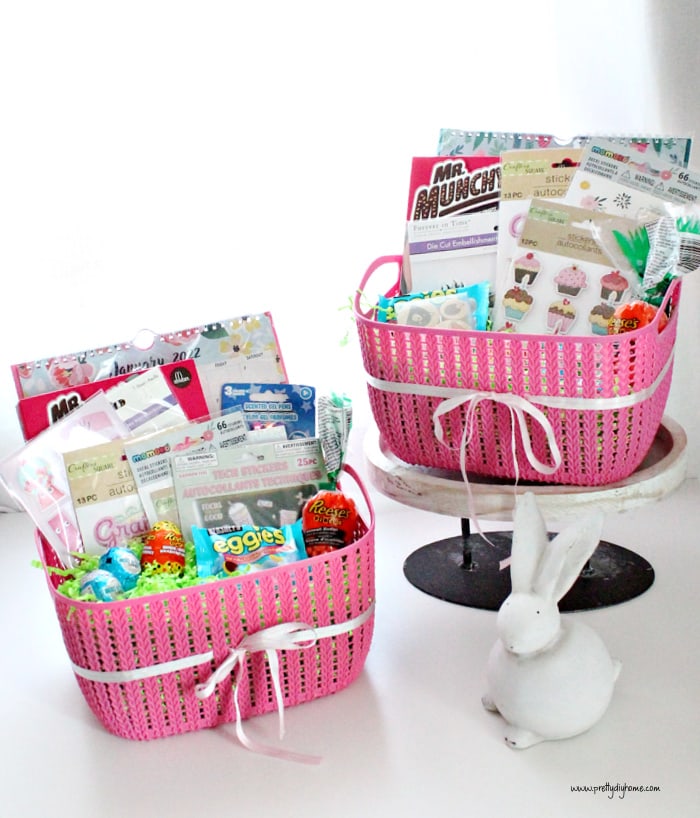 Two Easter baskets filled with pretty feminine office supplies.