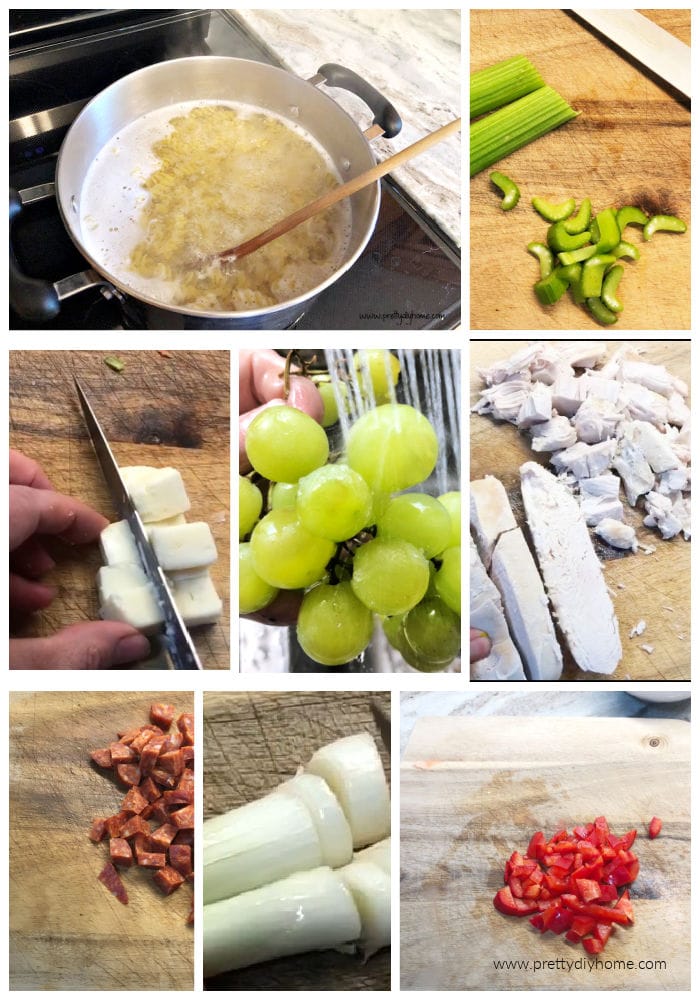 A collage of the different pasta salad recipe ingredients being prepared for the salad. There is chorizo, green onions, red peppers, cold chicken, cheddar cheese, green grapes, celery and rotini.