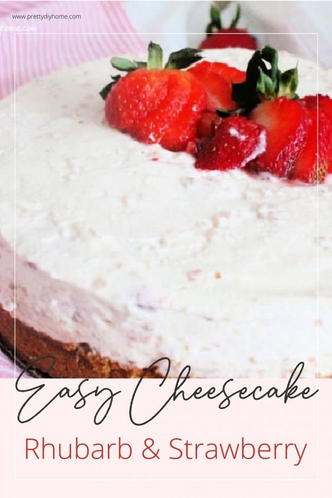 A large Strawberry Rhubarb Cheesecake with a thick no bake cream cheese filling and fresh sliced strawberries.