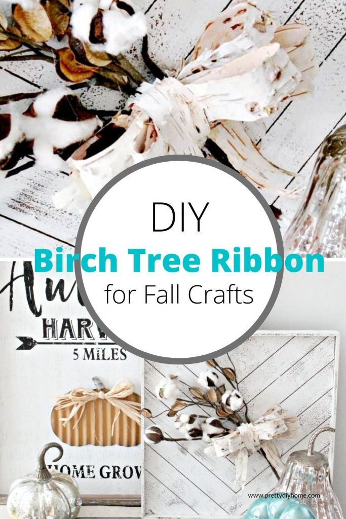 A natural birch bark ribbon wrapped around cotton bolls and placed on a wooden backdrop for an easy Fall craft