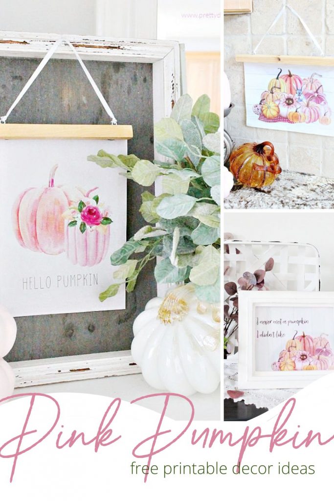 A collage of pink pumpkin decor made with pink pumpkin printables. A collection of soft pink Fall decorating ideas with pumpkins.