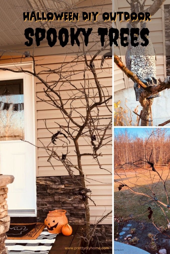 A really fun and eerie Outdoor Halloween idea for spooky trees made from branches with swooping bats, crows and loads of candles.