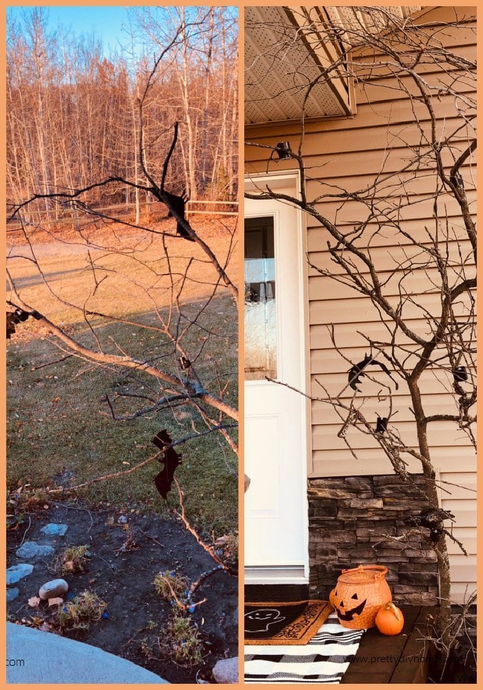 Two DIY tree for Halloween outdoor decor. The trees are tall with lots of lights and branches. Both are in the front yard.