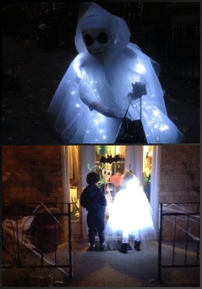 A glowing ghost costume for a little boy. The costume lights up.