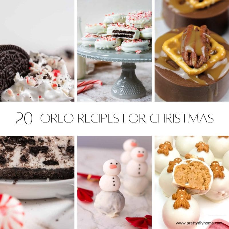 A collage of simple easy oreo dessert recipes for Christmas, a oreo cheesecake, a plate of chocolate covered oreo cookies, an oreo truffle with caramel and pecans, a snowman oreo ball, and a gingerbread oreo ball dessert.