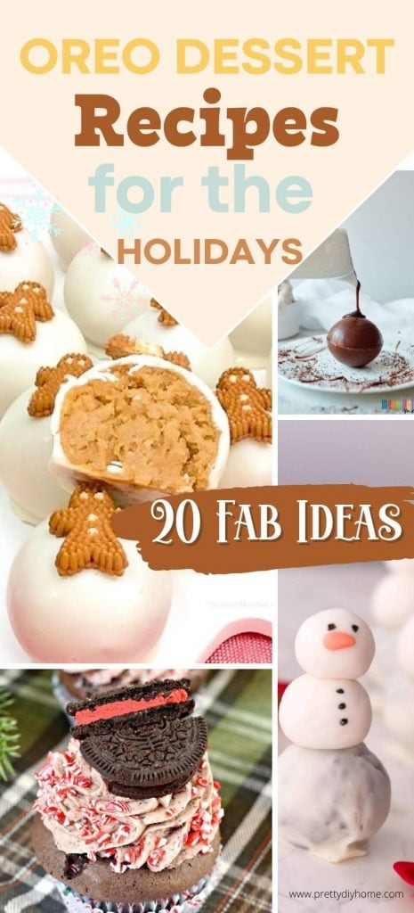 Four different Oreo dessert ideas including gingerbread cake pops, snowman cake pops, oreo cupcakes, and an oreo chocolate bomb dessert with oreo icecream.