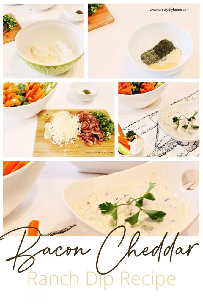 Images showing all the steps to making a large bowl of ranch dip served with fresh vegetables.